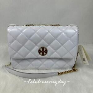 Tory Burch Willa Glazed Quilted Shoulder Bag Leather/White Chain Strap 156132